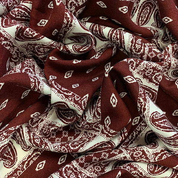 Burgundy and White Bandana Patchwork Print Rayon Challis Fabric