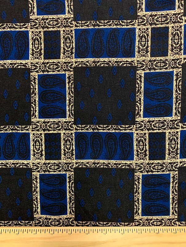 Navy and Black Bandana Patchwork Print Rayon Challis Fabric
