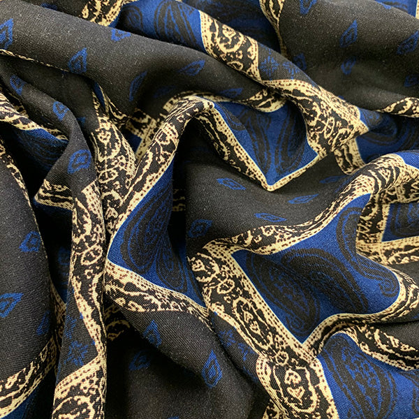 Navy and Black Bandana Patchwork Print Rayon Challis Fabric