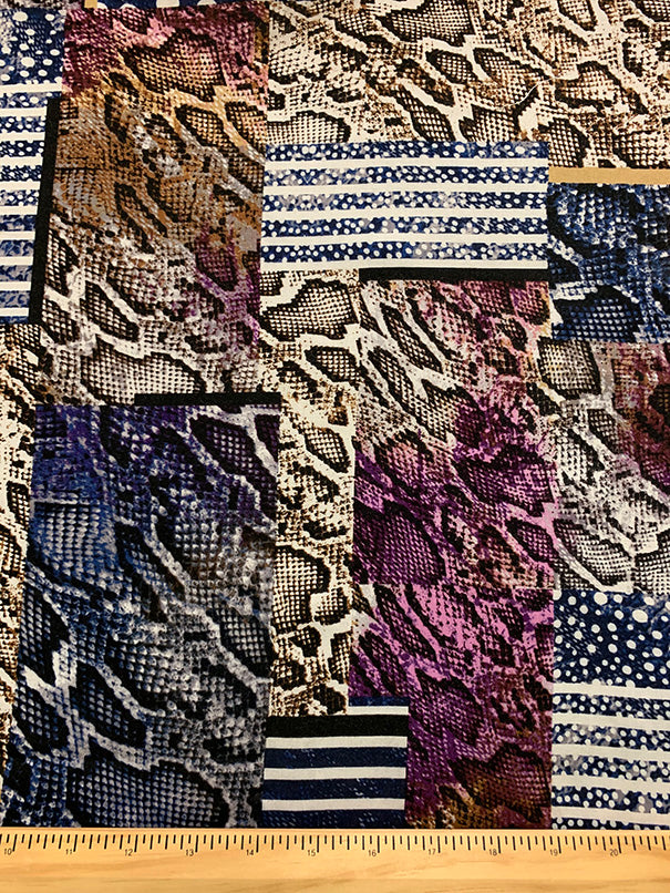 Purple and Blue Multi Animal Patchwork Print Rayon Challis Fabric