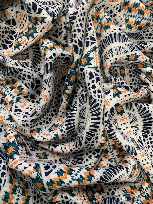 Blue and Gold Lace Look Print Rayon Challis Fabric