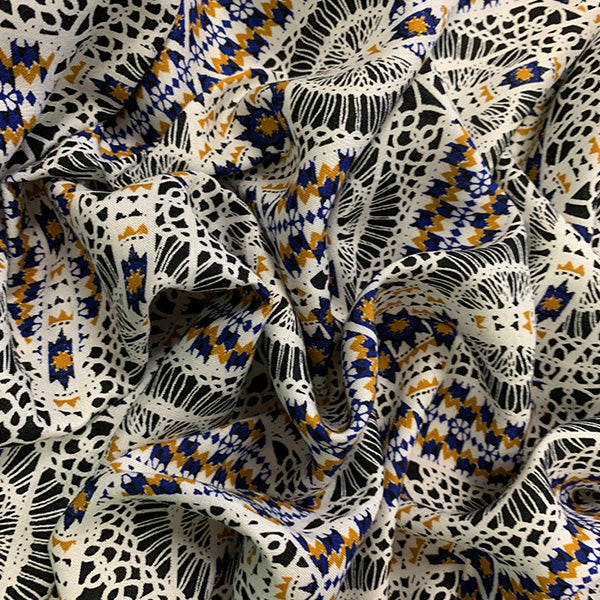 Blue and Gold Lace Look Print Rayon Challis Fabric