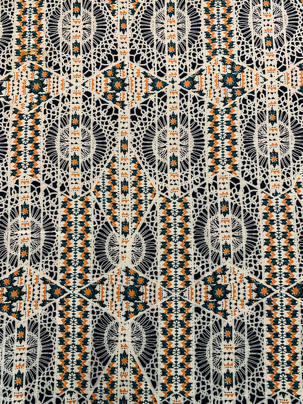 Orange and Green Lace Look Print Rayon Challis Fabric