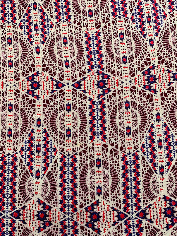 Blue and Red Lace Look Print Rayon Challis Fabric