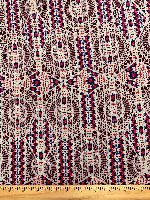 Blue and Red Lace Look Print Rayon Challis Fabric