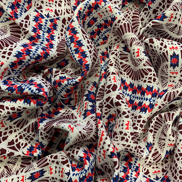 Blue and Red Lace Look Print Rayon Challis Fabric