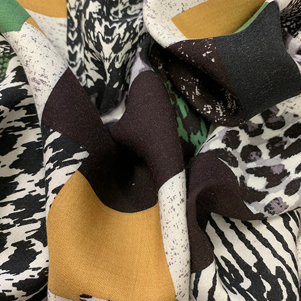 Green and Gold Patchwork Print Rayon Challis Fabric