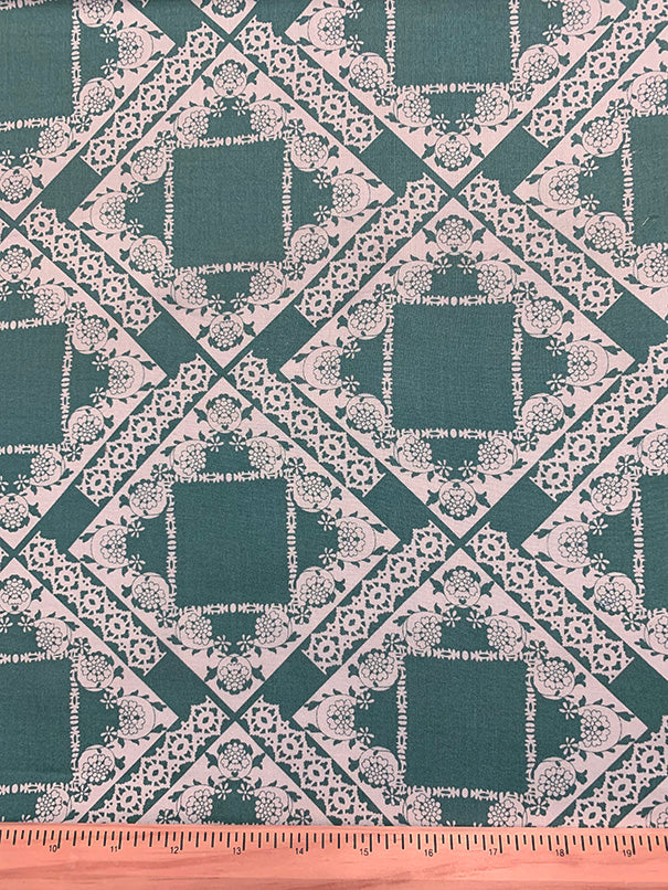 Green and White Lace Look Print Rayon Challis Fabric