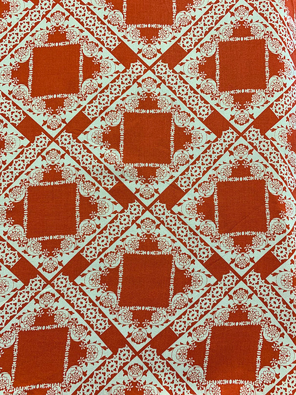 Red and White Lace Look Print Rayon Challis Fabric
