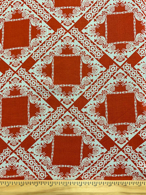 Red and White Lace Look Print Rayon Challis Fabric