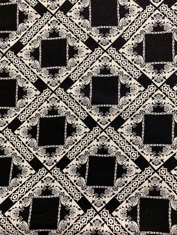 Black and White Lace Look Print Rayon Challis Fabric