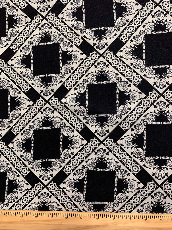 Black and White Lace Look Print Rayon Challis Fabric