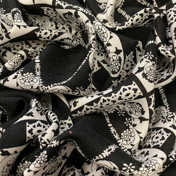 Black and White Lace Look Print Rayon Challis Fabric