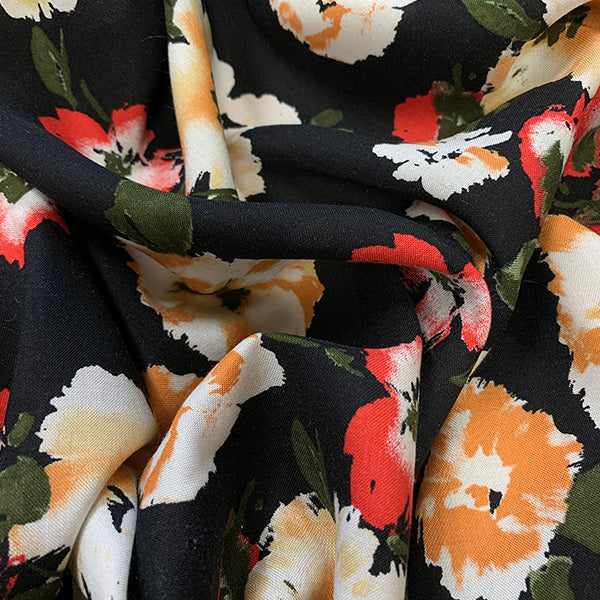 Orange and Red Floral Print Rayon Challis Fabric