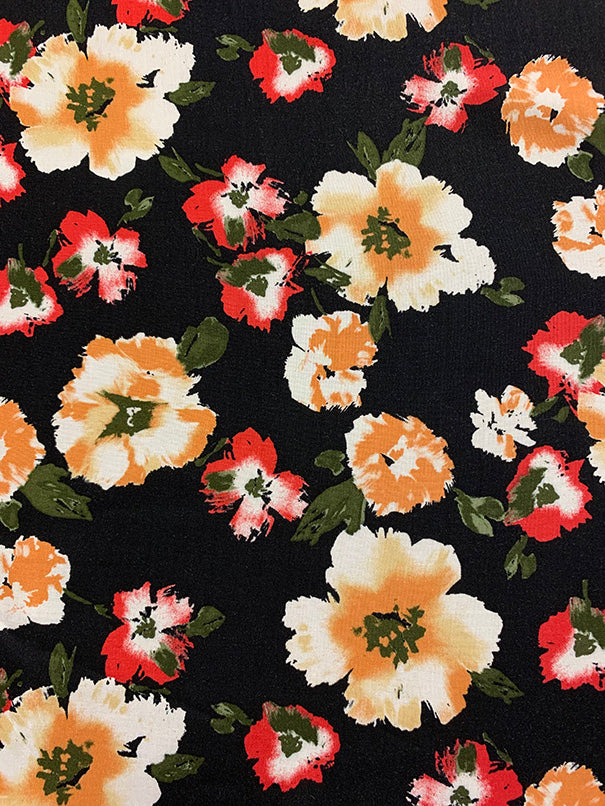 Orange and Red Floral Print Rayon Challis Fabric