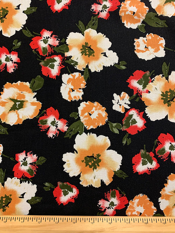 Orange and Red Floral Print Rayon Challis Fabric