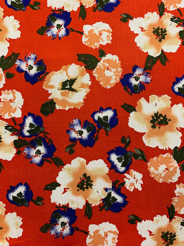 1 YD PC-Orange and Blue Floral Print Rayon Challis Fabric