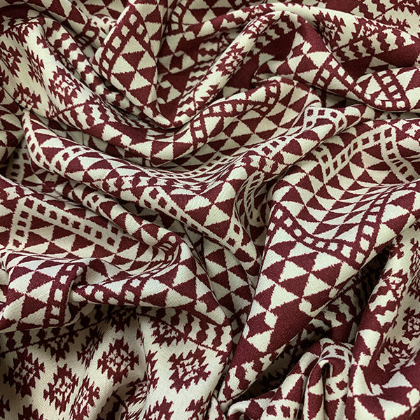 Burgundy and White Multi Print Rayon Challis Fabric