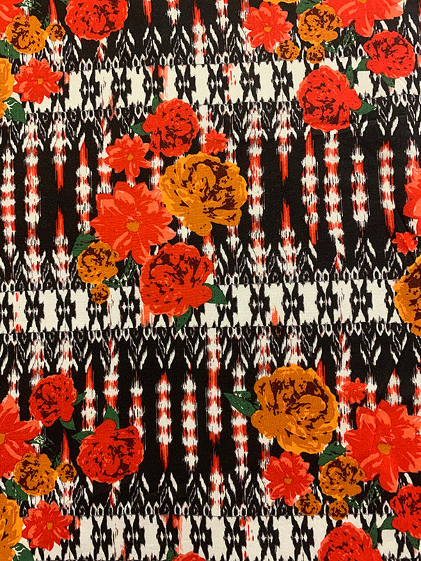 Red Rose Novelty Stripe Print Rayon Challis Fabric
