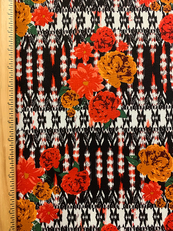 Red Rose Novelty Stripe Print Rayon Challis Fabric