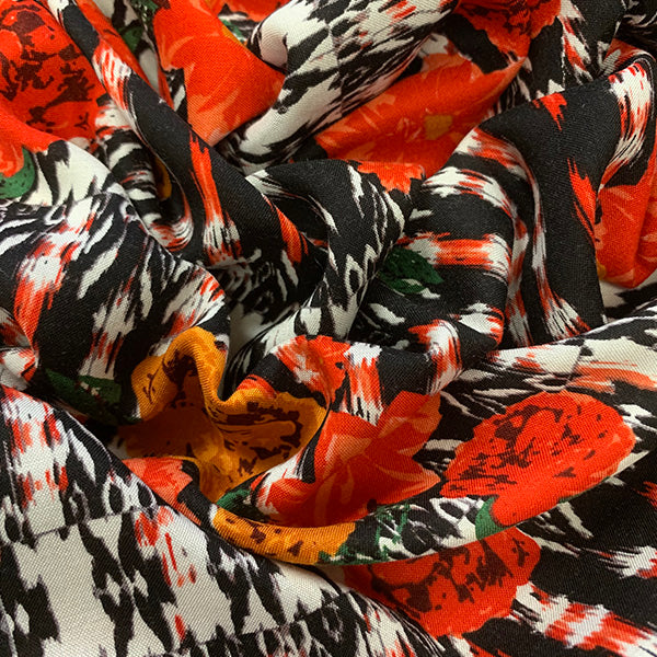 Red Rose Novelty Stripe Print Rayon Challis Fabric