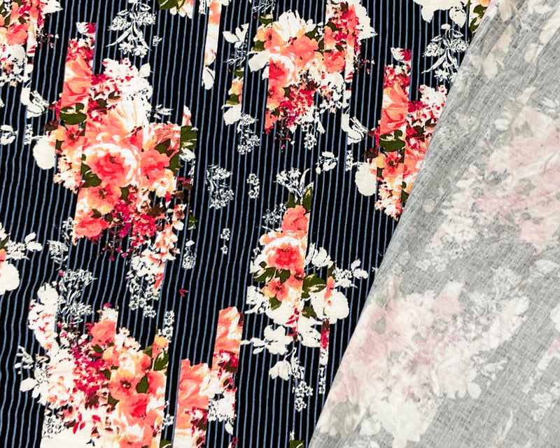 Black-Multi Rayon Spandex Floral Stripe Print Jersey Knit Fabric