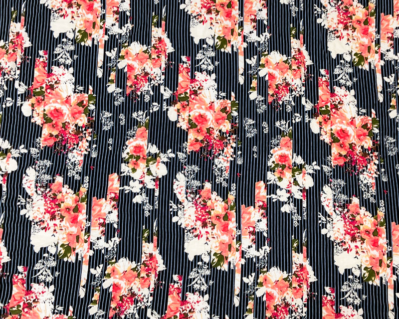 Black-Multi Rayon Spandex Floral Stripe Print Jersey Knit Fabric