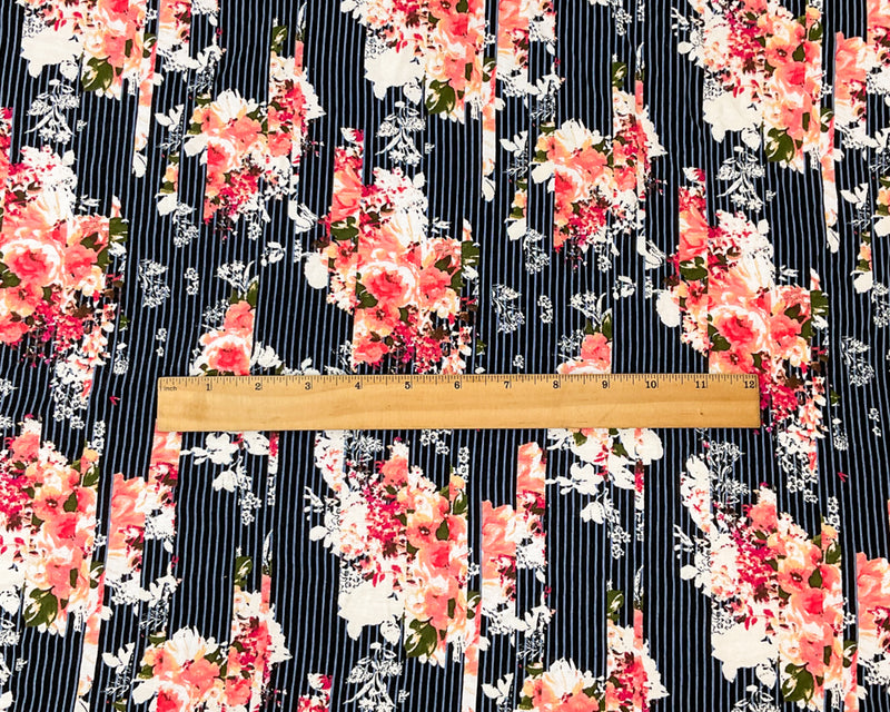 Black-Multi Rayon Spandex Floral Stripe Print Jersey Knit Fabric