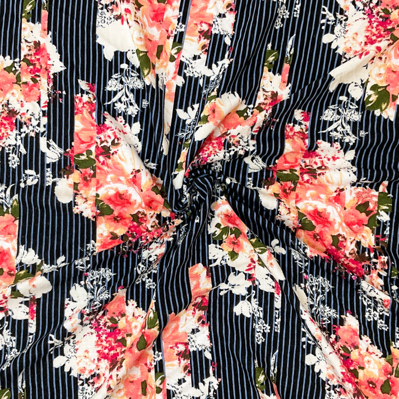 Black-Multi Rayon Spandex Floral Stripe Print Jersey Knit Fabric