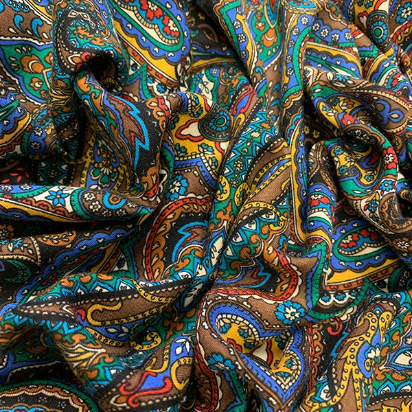 1 7/8 YD PC-Green and Brown Large Paisley Medallion Print Rayon Challis Fabric