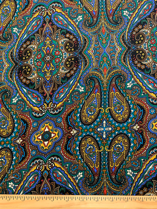 1 7/8 YD PC-Green and Brown Large Paisley Medallion Print Rayon Challis Fabric