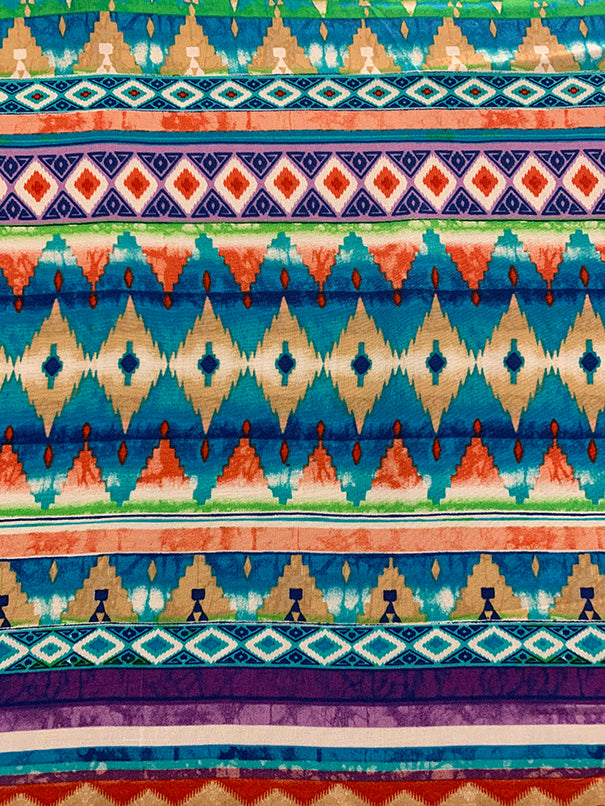 Turquoise Tie Dye Aztec Stripe Print Rayon Challis Fabric