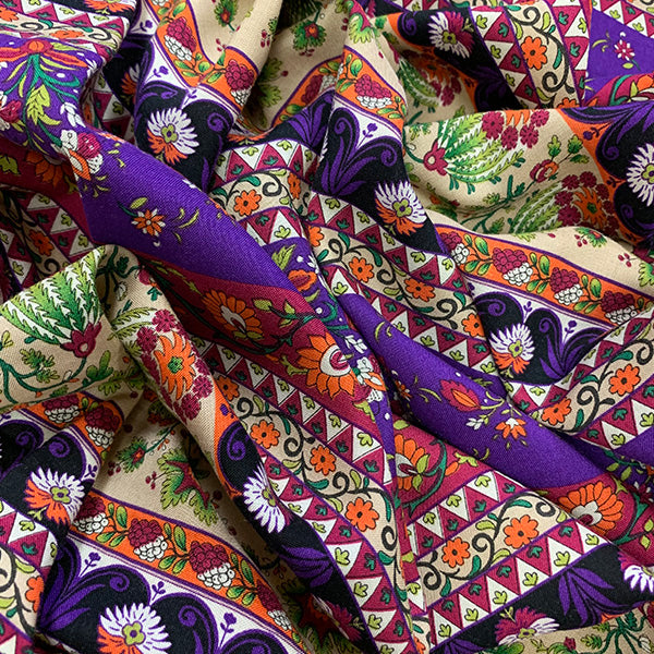 Purple Multi Floral Stripe Print Rayon Challis Fabric