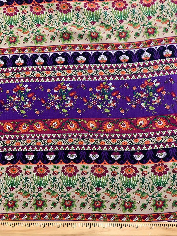 Purple Multi Floral Stripe Print Rayon Challis Fabric