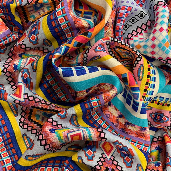 Pink Multi Aztec Stripe Print Rayon Challis Fabric