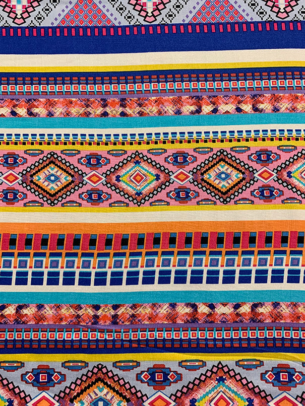 Pink Multi Aztec Stripe Print Rayon Challis Fabric