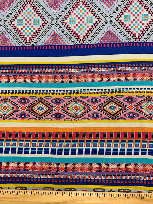 Pink Multi Aztec Stripe Print Rayon Challis Fabric