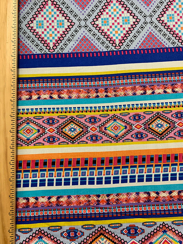 Pink Multi Aztec Stripe Print Rayon Challis Fabric