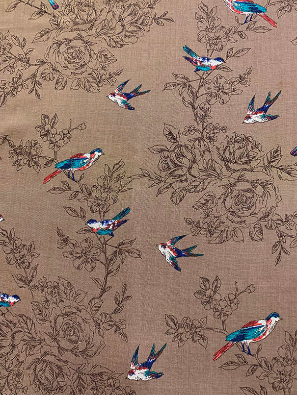 Tan Bird Print Rayon Challis Fabric