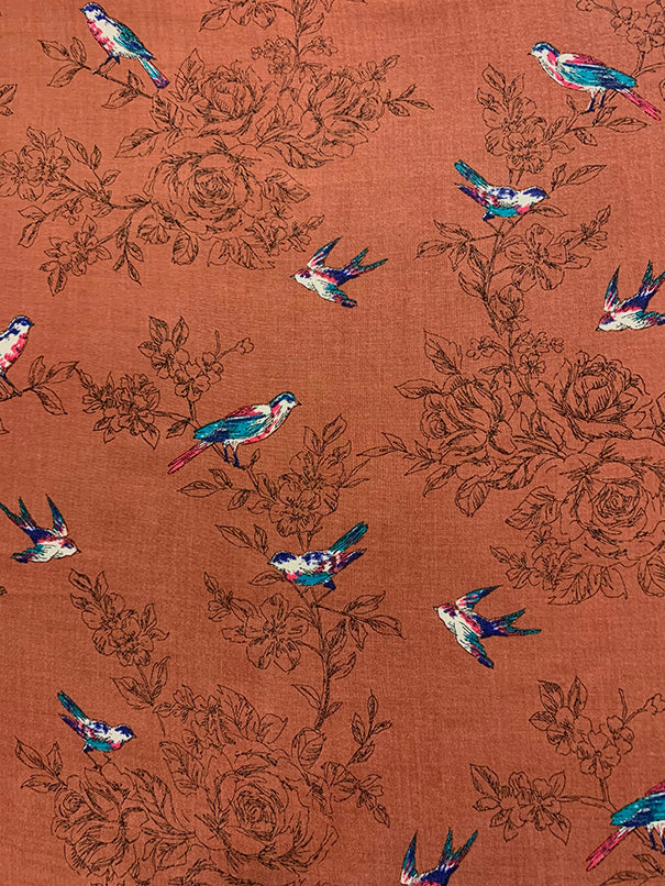 Copper Bird Print Rayon Challis Fabric