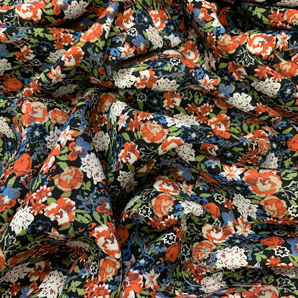 Black and Rust Multi Floral Print Rayon Challis Fabric