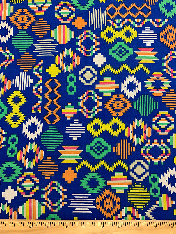 Blue Multi Color Aztex Print Rayon Challis Fabric