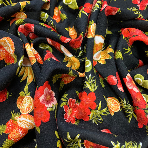 2 YD PC-Black Fruit Print Rayon Challis Fabric