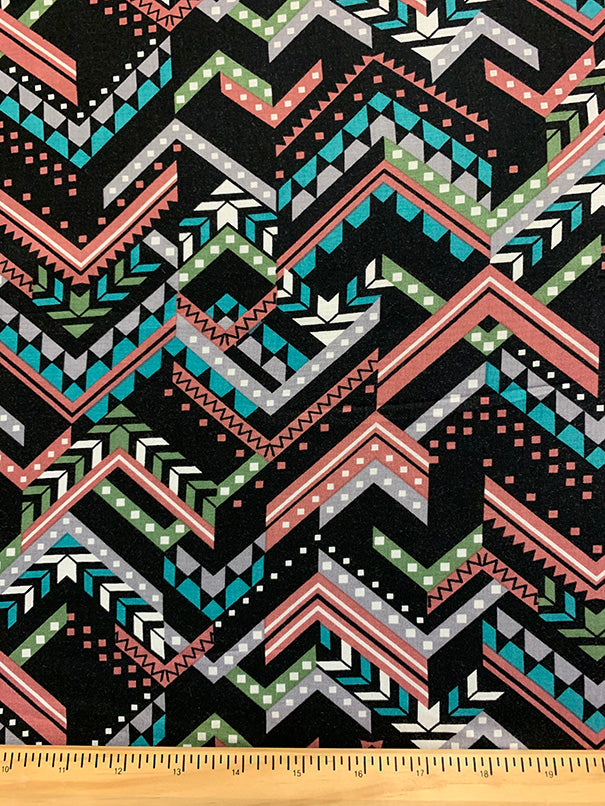 Rose and Teal Multi Broken Chevron Print Rayon Challis Fabric