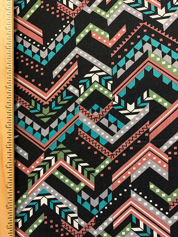 Rose and Teal Multi Broken Chevron Print Rayon Challis Fabric