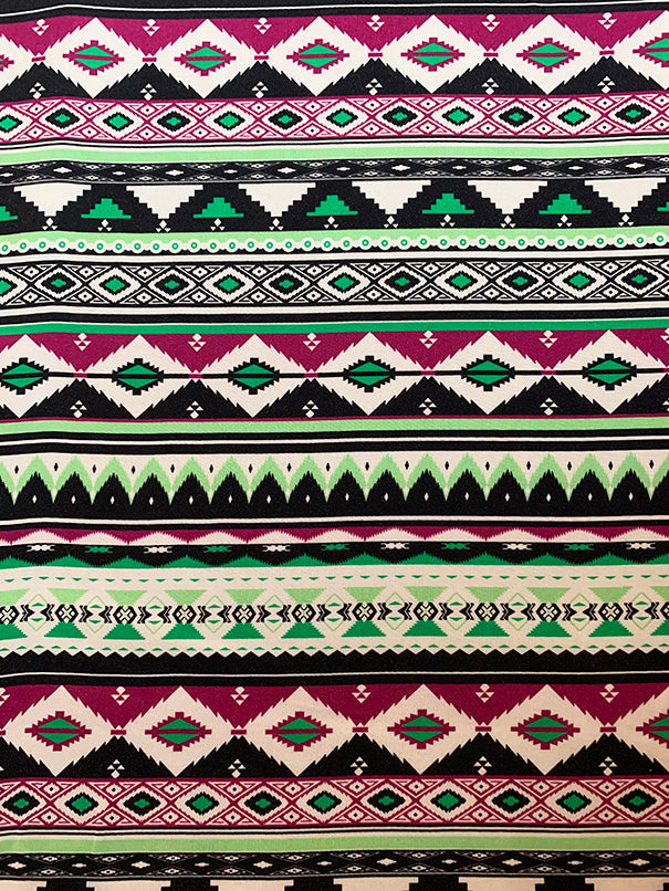 Lime and Magenta Multi Aztec Stripe Print Rayon Challis Fabric