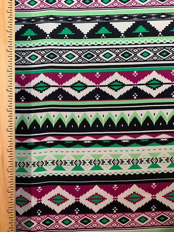 Lime and Magenta Multi Aztec Stripe Print Rayon Challis Fabric