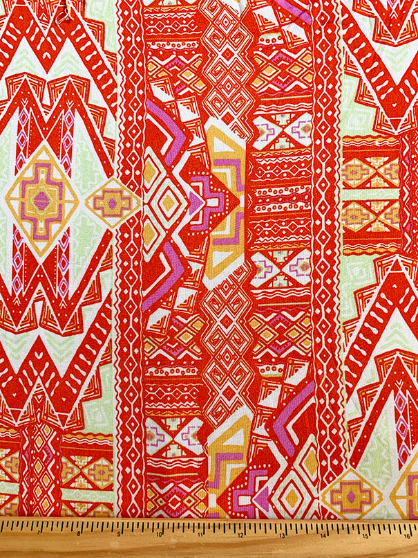 White and Orange Print Rayon Challis Fabric