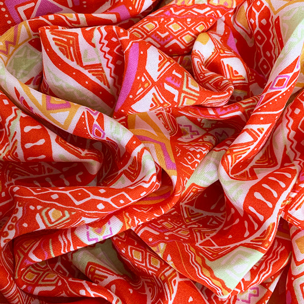 White and Orange Print Rayon Challis Fabric