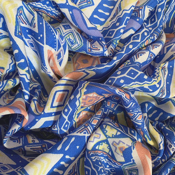 Sky Blue Multi Print Rayon Challis Fabric